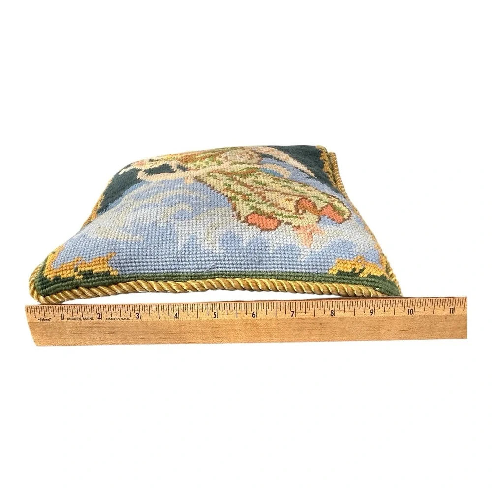 Needlepoint Petit Point Pillow Angel Blue Velvet‎ Zip Backing Gold Corded Edge